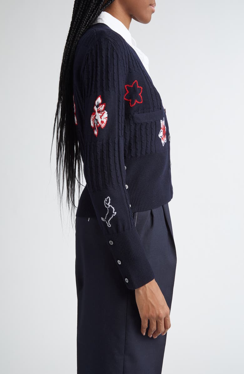 Thom Browne Hector Floral Cable Knit Virgin Wool Cardigan, Alternate, color, 