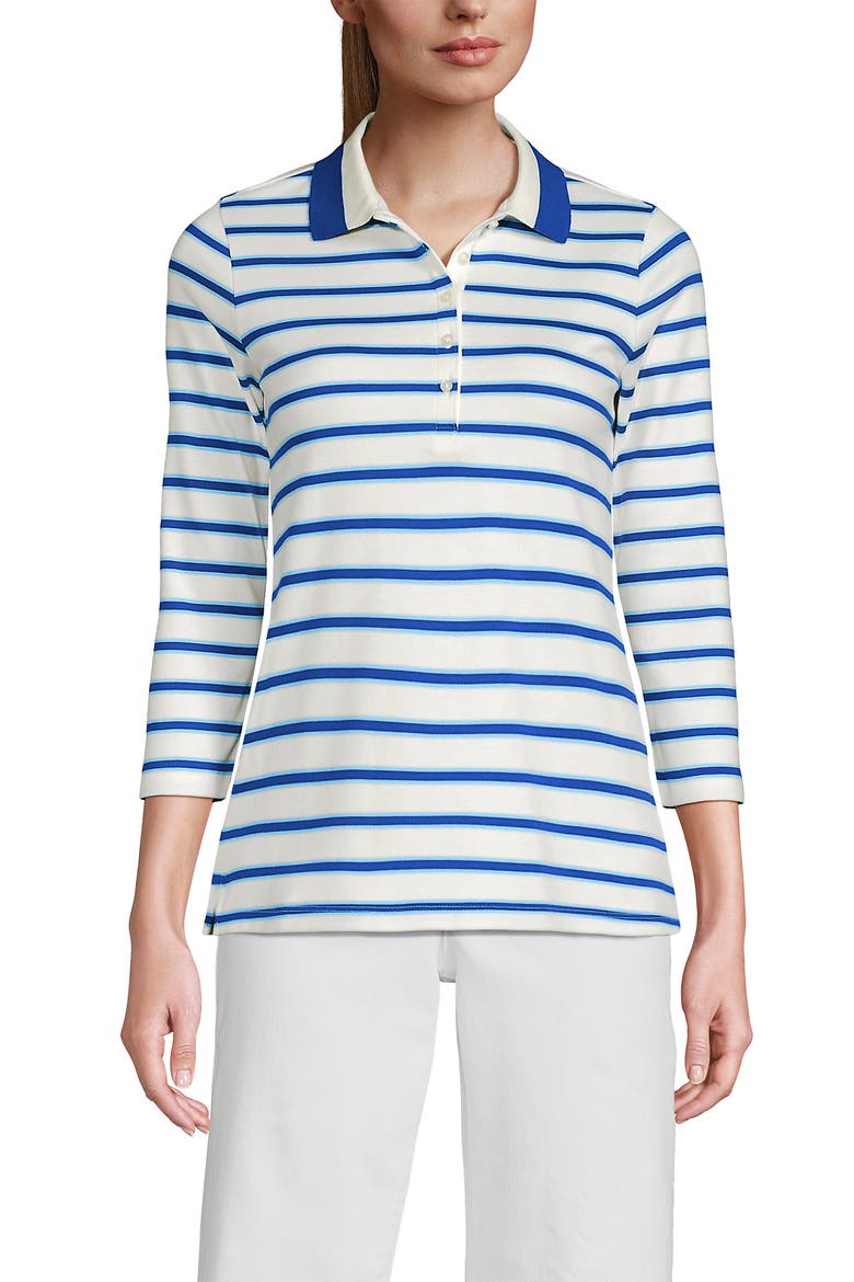 3/4 Sleeve Supima Cotton Polo Shirt, Main, color, Sapphire Gem Stripe/Tipped