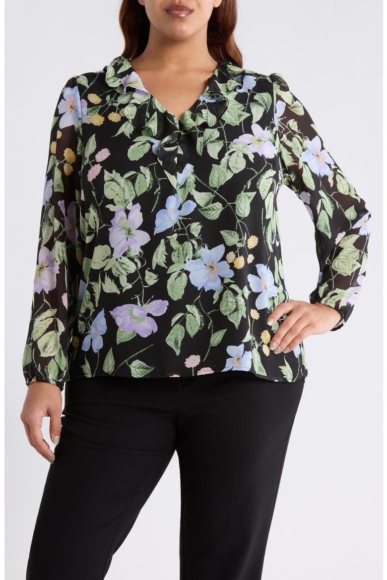 Floral Print Ruffle Shirt, Main, color, BLACK MULTI