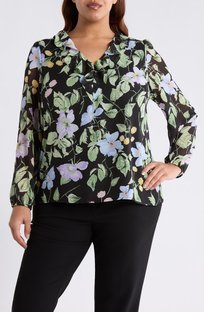 KASPER Floral Print Ruffle Shirt, Main, color, Black Multi