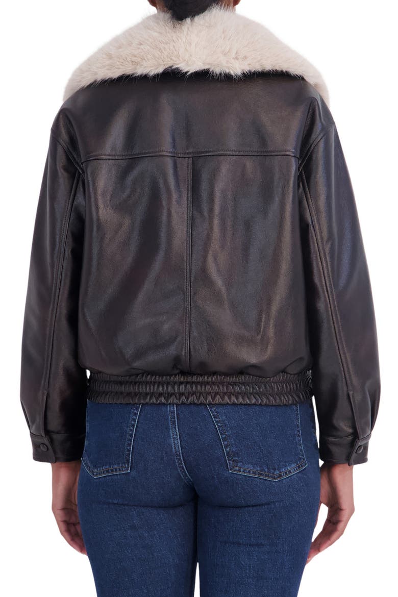 Faux Fur Collar Faux Leather Bomber Jacket, Alternate, color, BROWN