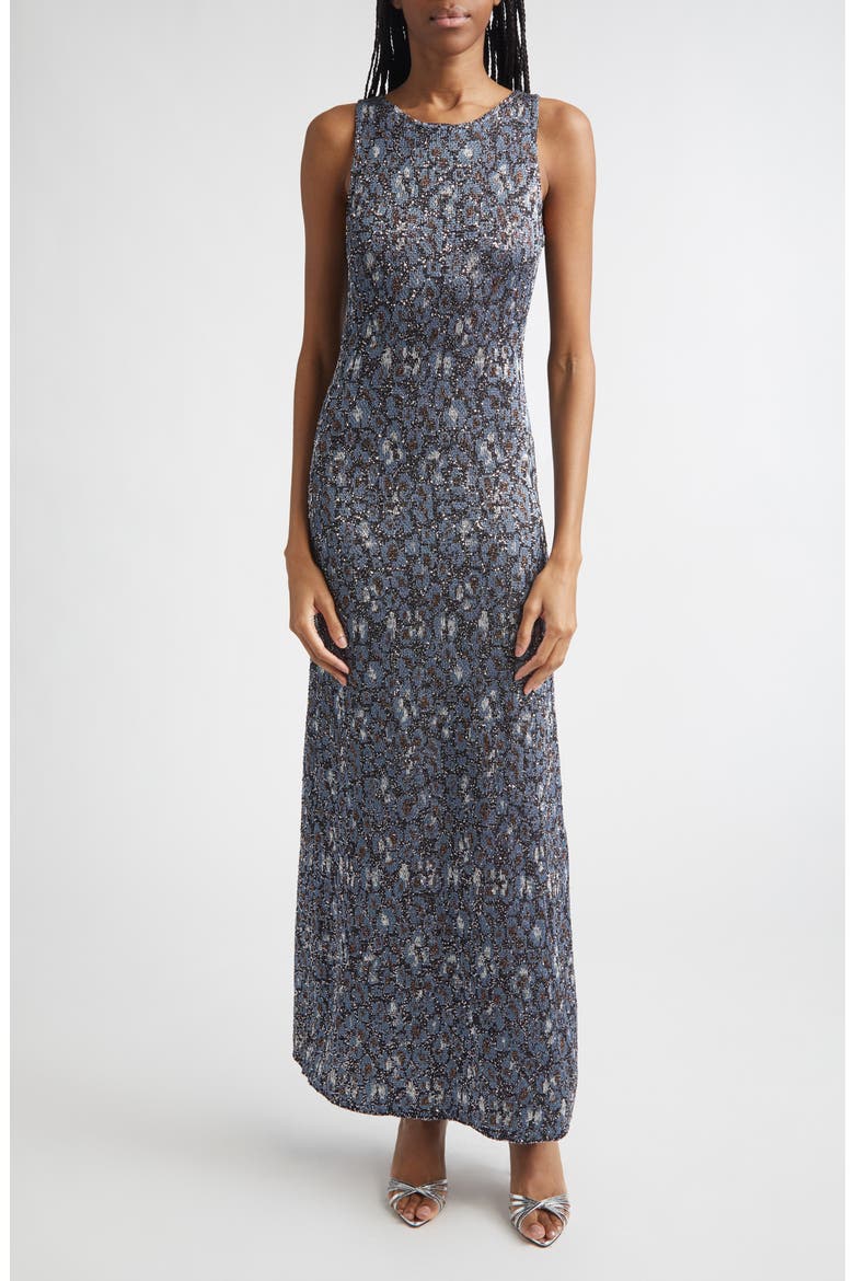 Animal Jacquard Sequin Sleeveless Column Dress, Main, color, BLUE BASE
