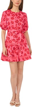 CeCe Floral Puff Sleeve Stretch Cotton Minidress