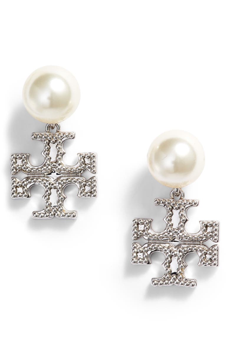 Tory Burch Imitation Pearl Milgrain Drop Earrings, Main, color,