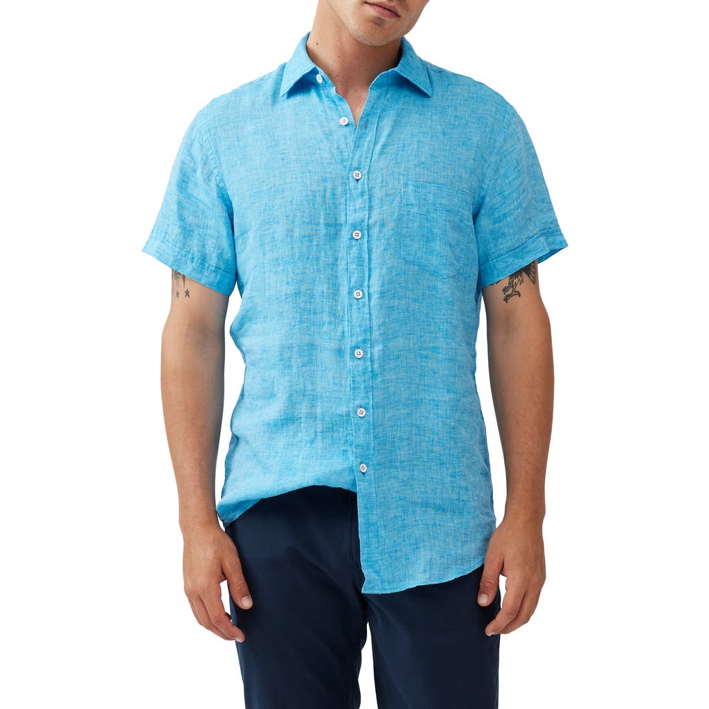 Rodd & Gunn Ellerslie Short Sleeve Linen Button-up Shirt In Cyan