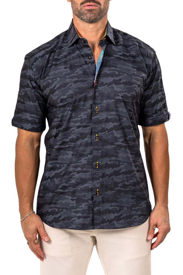 Galileo Marthy Short Sleeve Cotton Button-Up Shirt, Main, color, BLACK