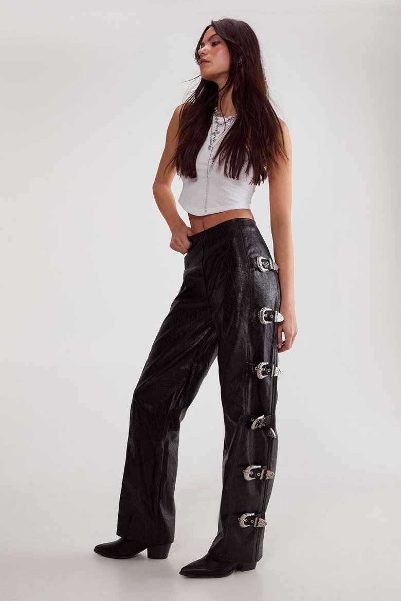 Faux Leather Buckle Detail Pants, Alternate, color, Black