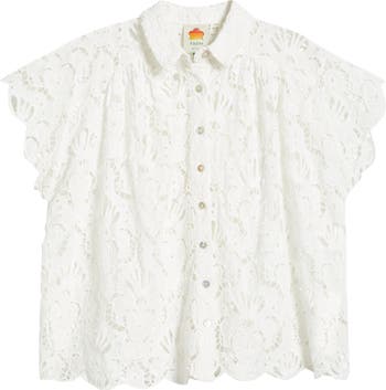 【Farm Rio】 Seashellレースコットンシャツ FARM Rio Seashell Embroidered Eyelet Cotton Button-Up Shirt