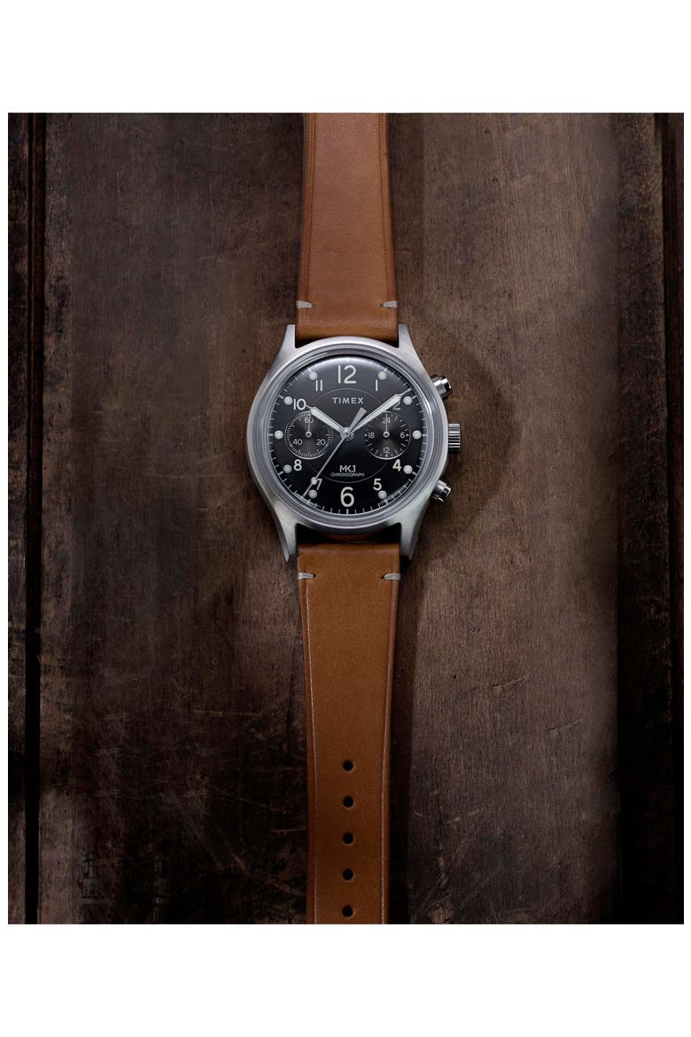 MK1 Chronograph Leather Strap Watch, 40mm, Alternate, color, SILVER-TONE