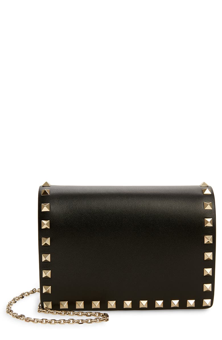 Valentino Garavani Rockstud Leather Wallet on a Chain, Main, color, 