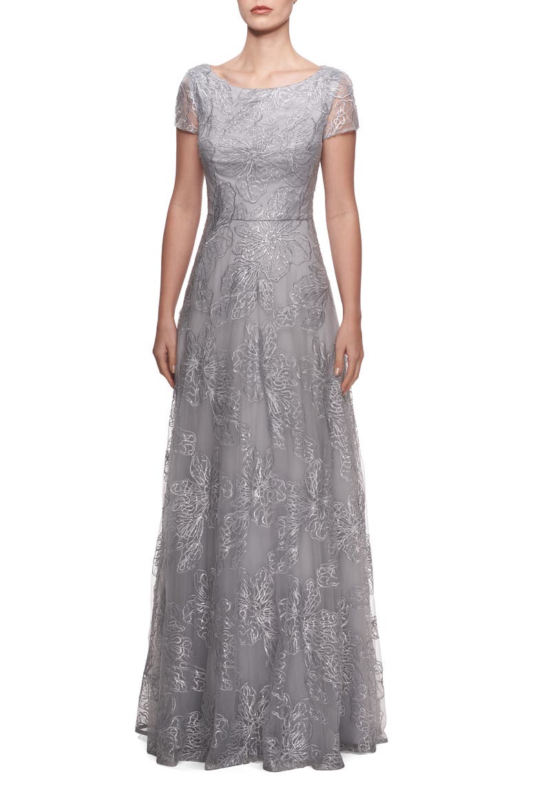 Sequin Floral Embroidered Gown, Main, color, SILVER