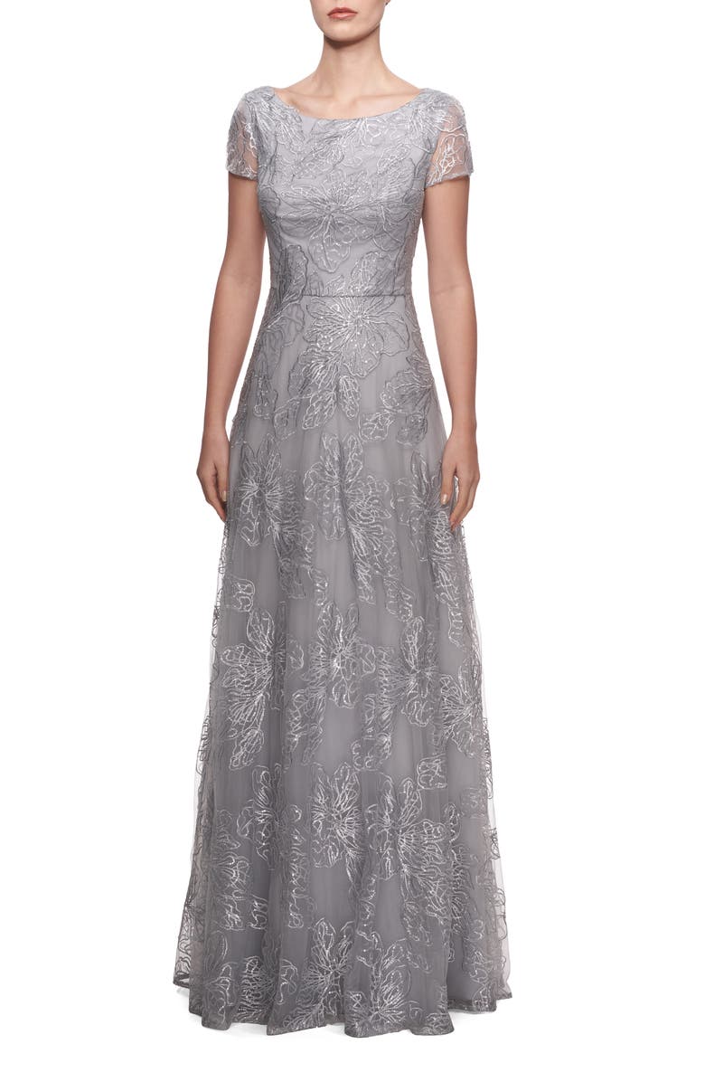 La Femme Sequin Floral Embroidered Gown, Main, color, 