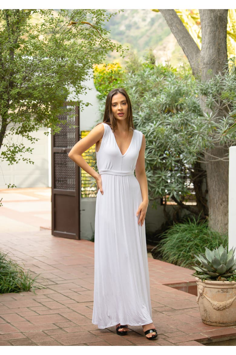 V-Neck Sleeveless Maxi Dress with Belt, Alternate, color, White