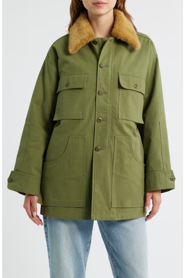 The Quilted Liner Jacket with Removable Faux Fur Collar, Alternate, color, ARMY/HOT ORANGE