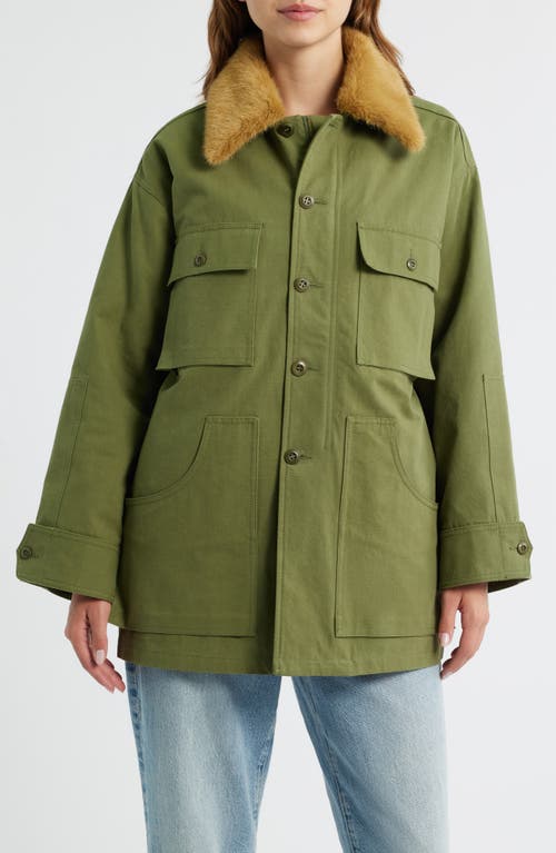 The Great . The Quilted Liner Jacket With Removable Faux Fur Collar In Green