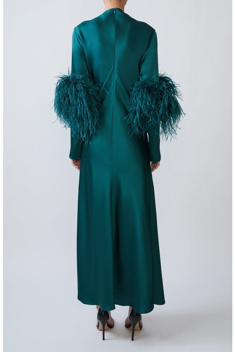 Satin Draped Neck Bias Dress With Feathers, Alternate, color, Emerald