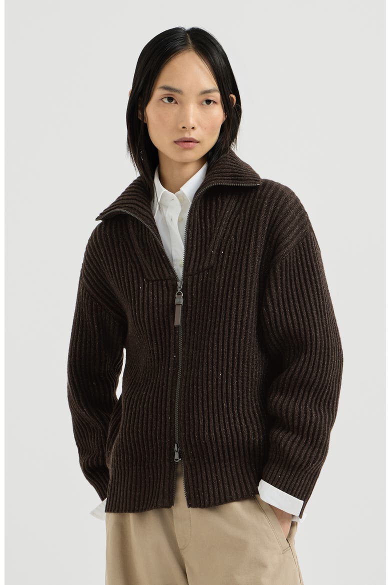 Sparkling & Dazzling cashmere and wool ribbed cardigan with shiny zipper pull, Main, color, Coffee