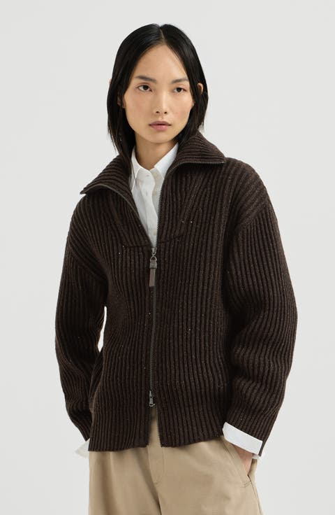 Sparkling & Dazzling cashmere and wool ribbed cardigan with shiny zipper pull