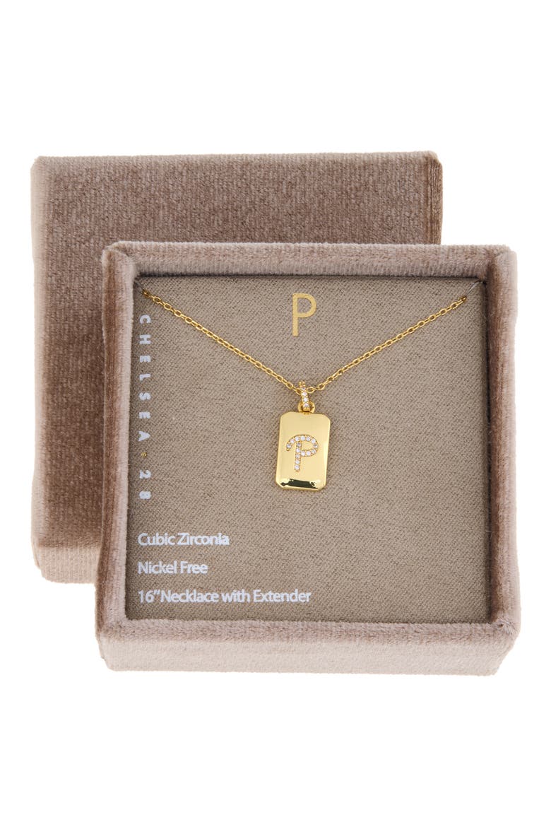 Pav9 Initial Tag Necklace, Main, color, P- CLEAR- GOLD