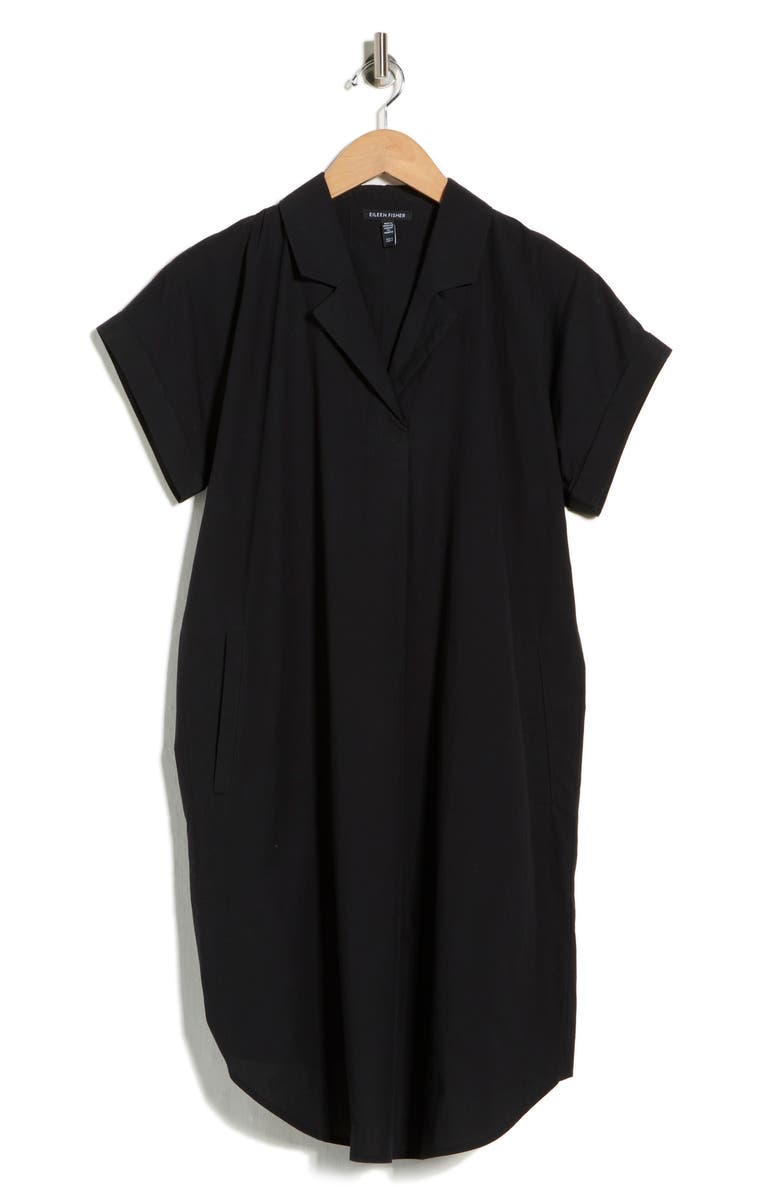 Eileen Fisher Notch Collar Short Sleeve Organic Cotton Shirtdress, Main, color, Black