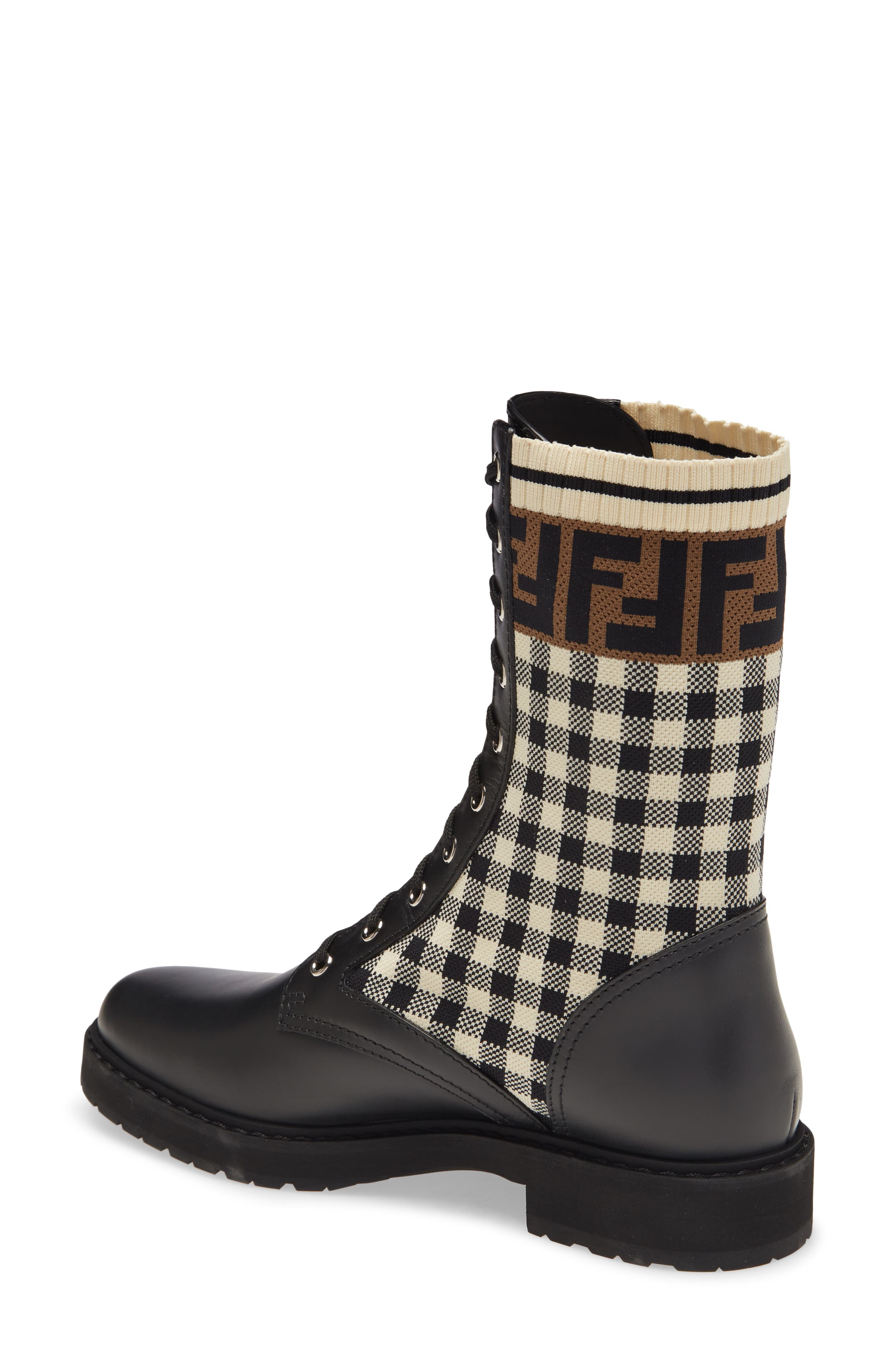 Fendi FF Gingham Sock Lace Up Boot, Alternate, color, 