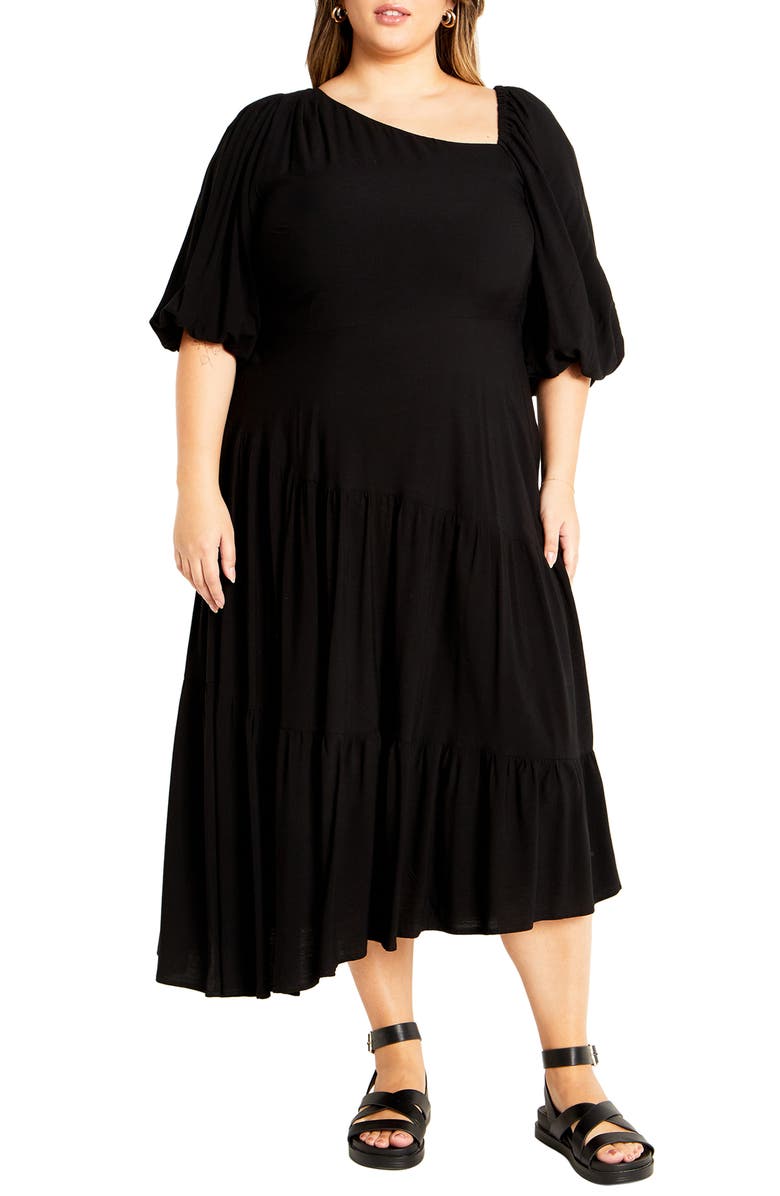 City Chic Ada Ruffle Hem Asymmetric Maxi Dress, Main, color, Black