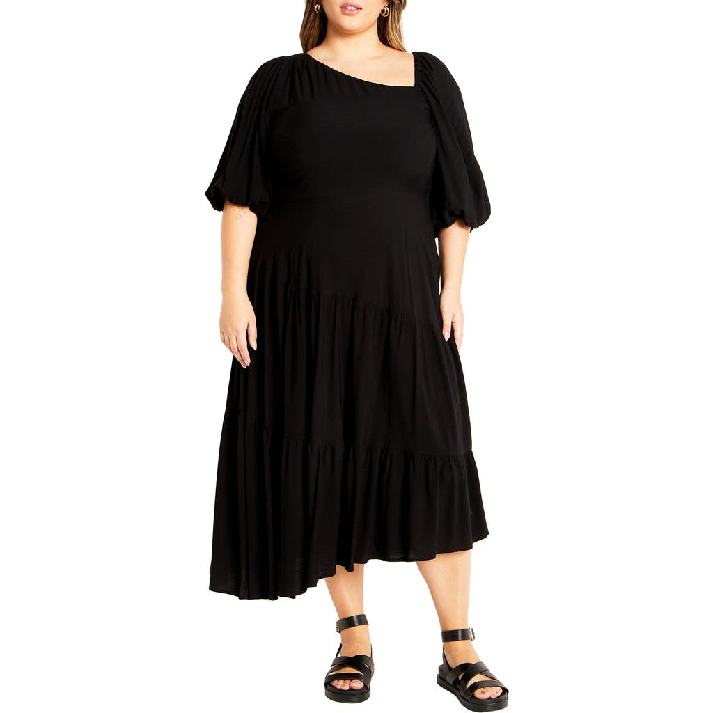 City Chic Ada Ruffle Hem Asymmetric Maxi Dress In Black