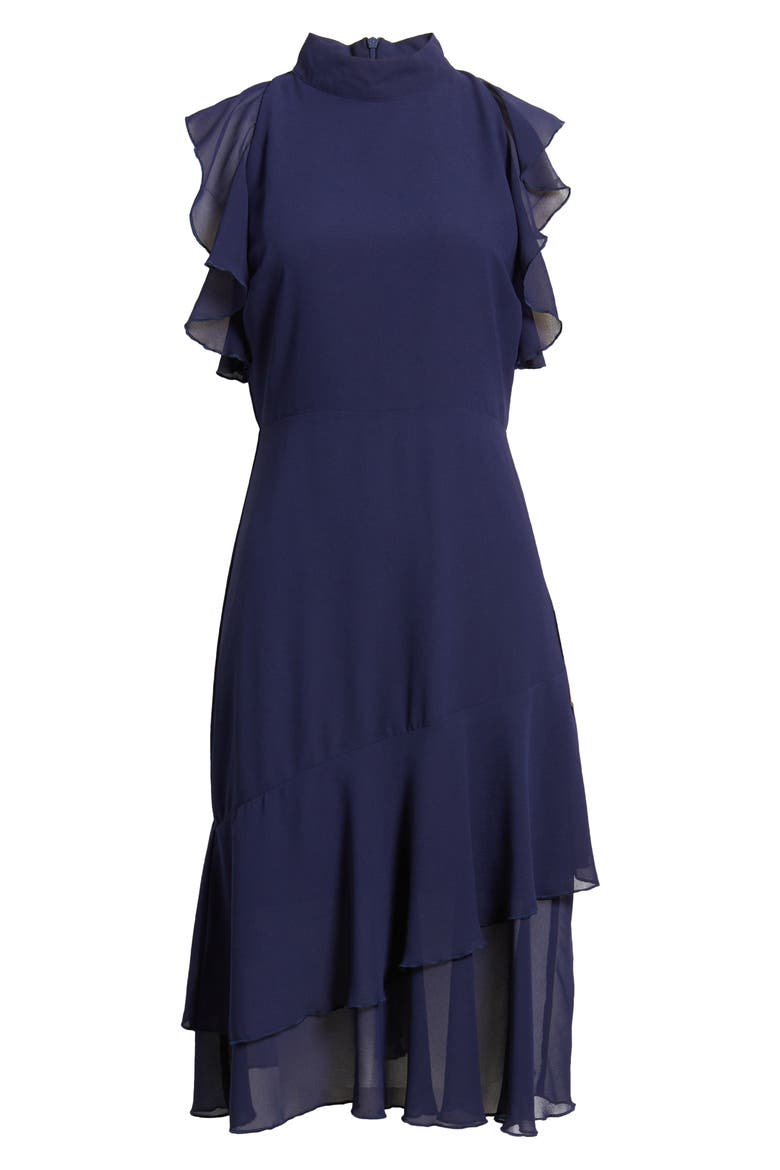 Ruffle Mock Neck Midi Dress, Alternate, color, NAVY