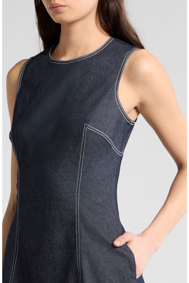 fit & flare sleeveless denim midi dress Stretch Denim Seamed Sleeveless Midi Fit And Flare Dress With Pockets