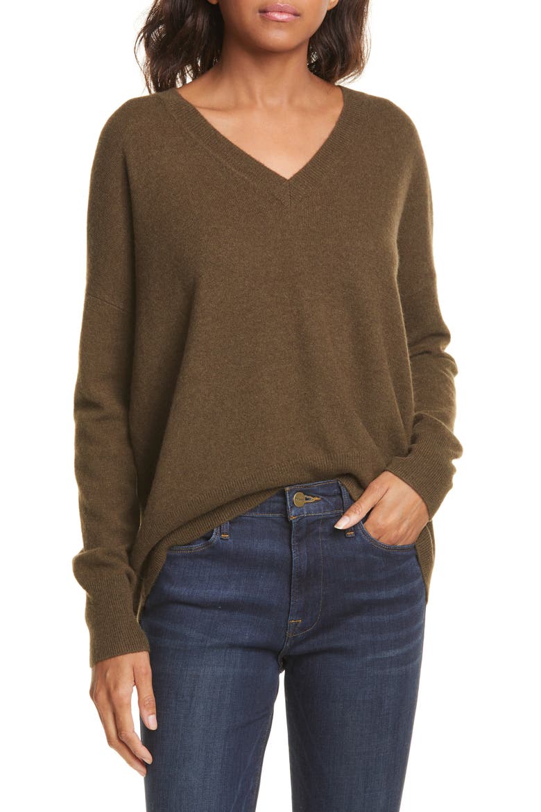 High/Low Cashmere Sweater, Main, color, OLIVE DARK HEATHER