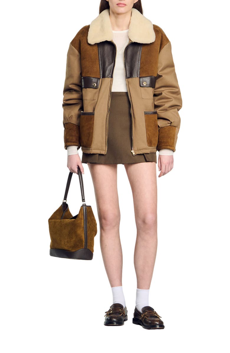 SANDRO Shearling collar jacket, Alternate, color, 