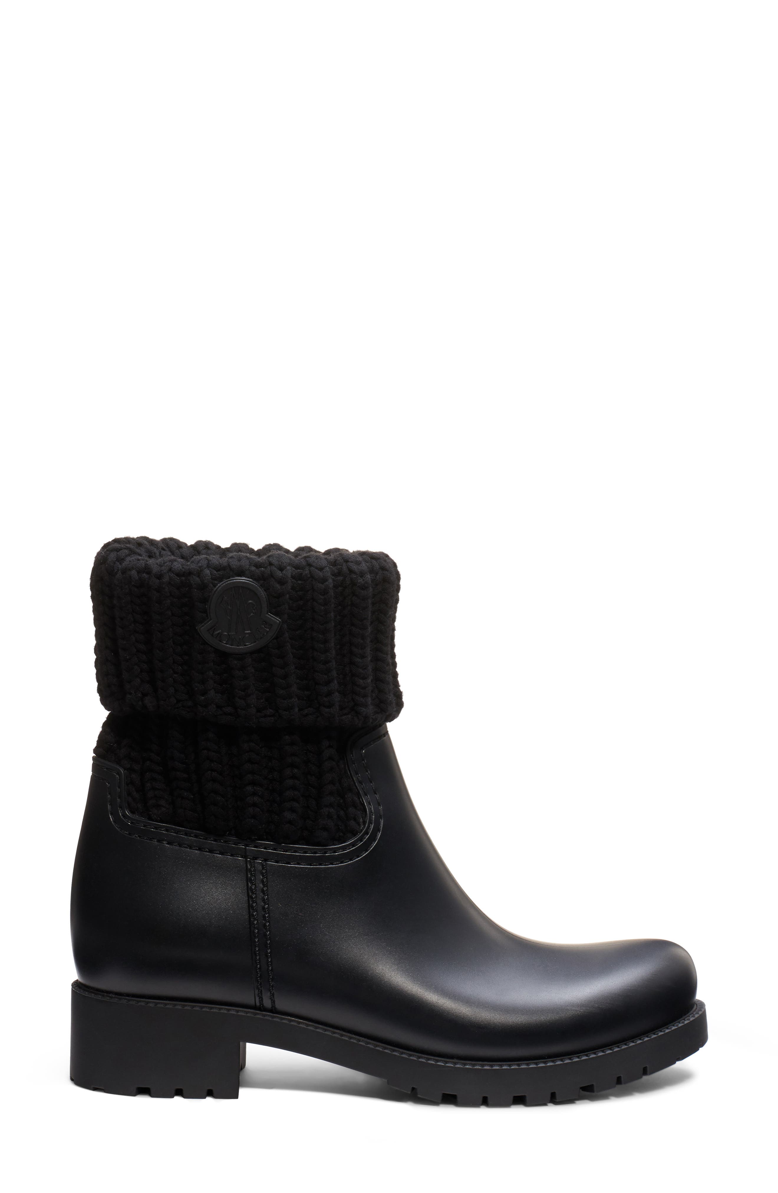 Ginette Knit Cuff Leather Rain Boot, Alternate, color, BLACK