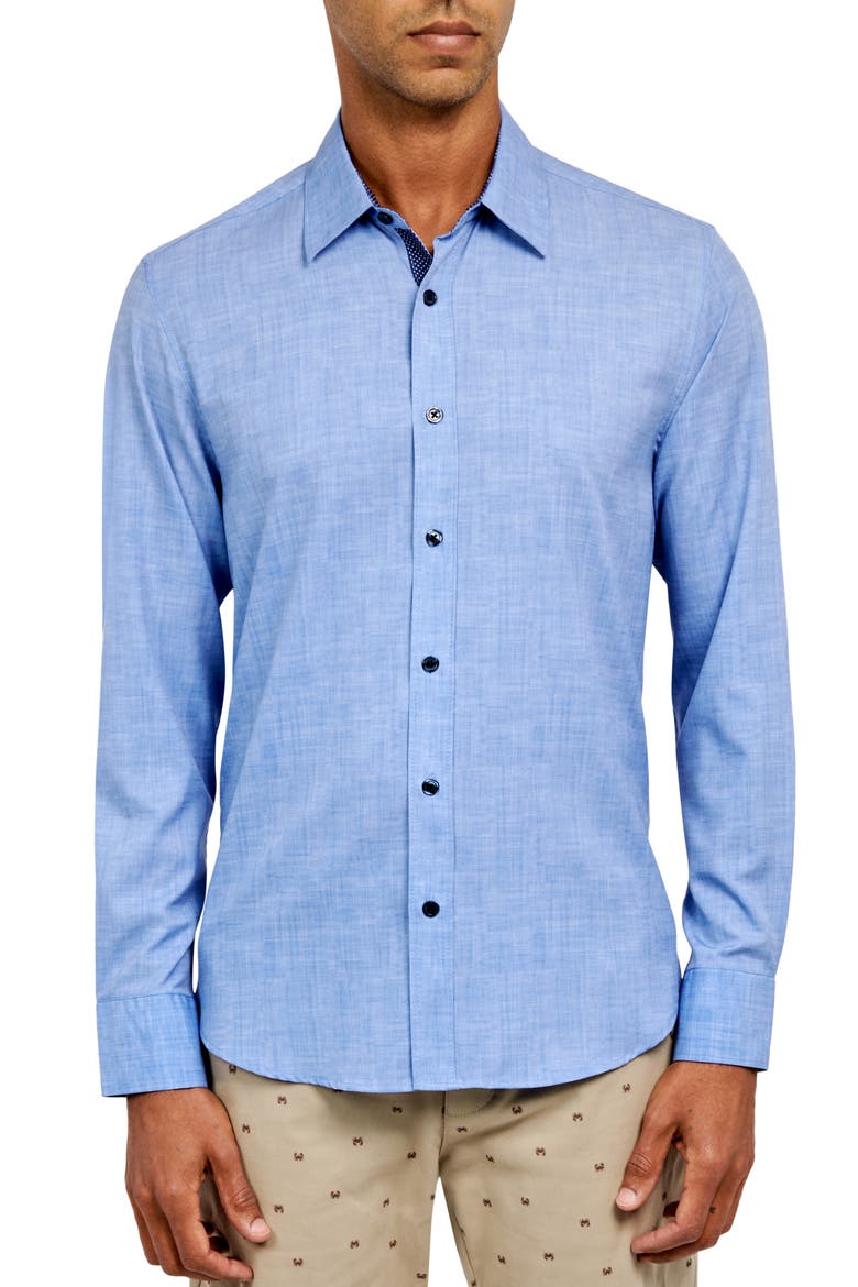 Slim Fit Four-Way Stretch Performance Chambray Button-Up Shirt, Main, color, LIGHT BLUE CHAMBRAY