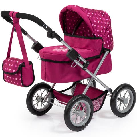 Bayer Dolls Pram Trendy with Shoulder Bag and Underneath Shopping Basket, Bordeaux, Red with Pattern