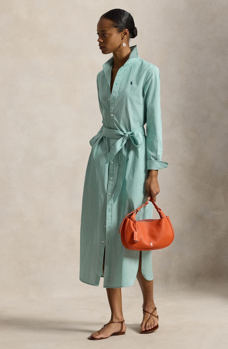 Polo Ralph Lauren Tie Waist Long Sleeve Maxi Shirtdress, Alternate, color, Green White