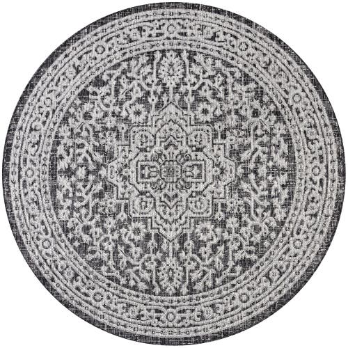 Jonathan Y Sinjuri Medallion Textured Weave Indoor/outdoor Round Area Rug In Gray/black