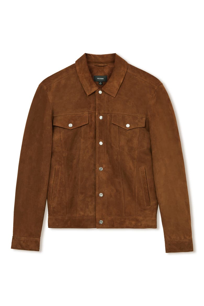 Edington Goatskin Suede Trucker Jacket, Alternate, color, TOBACCO BROWN