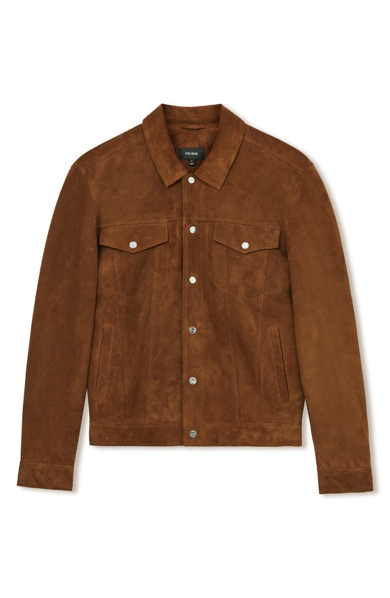 Reiss Edington Goatskin Suede Trucker Jacket, Alternate, color, Tobacco Brown