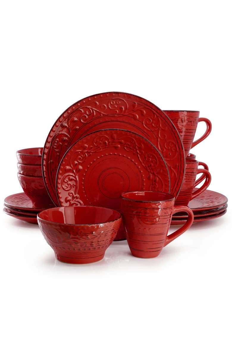 Elama Malibu Ocean Bloom 16-Piece Dinnerware Set, Main, color, Red