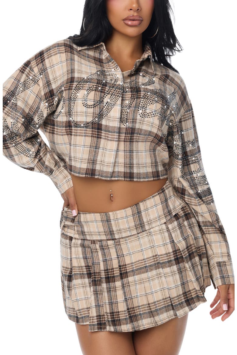 Embellished Relaxed Plaid Crop Shirt, Main, color, MULTI BROWN PLAID
