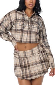 True Religion Embellished Relaxed Plaid Crop Shirt