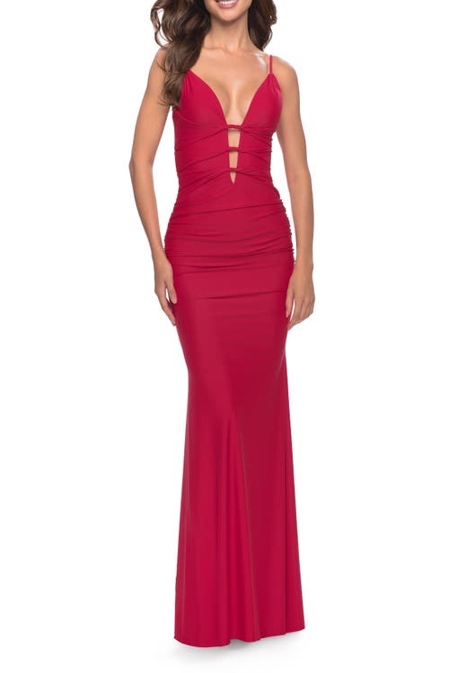 La Femme Modern Jersey Dress With Twist Band Details In Red