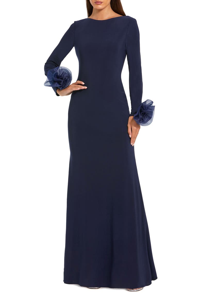 Long Sleeve Fitted Jersey Gown With 3D Flowers, Main, color, Midnight