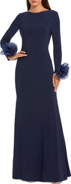 Mac Duggal Long Sleeve Fitted Jersey Gown With 3D Flowers