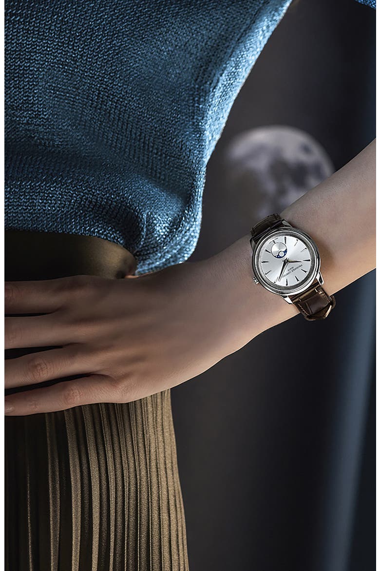 Classics Moneta Moon Phase Leather Strap Watch, 37mm, Alternate, color, SILVER-TONE