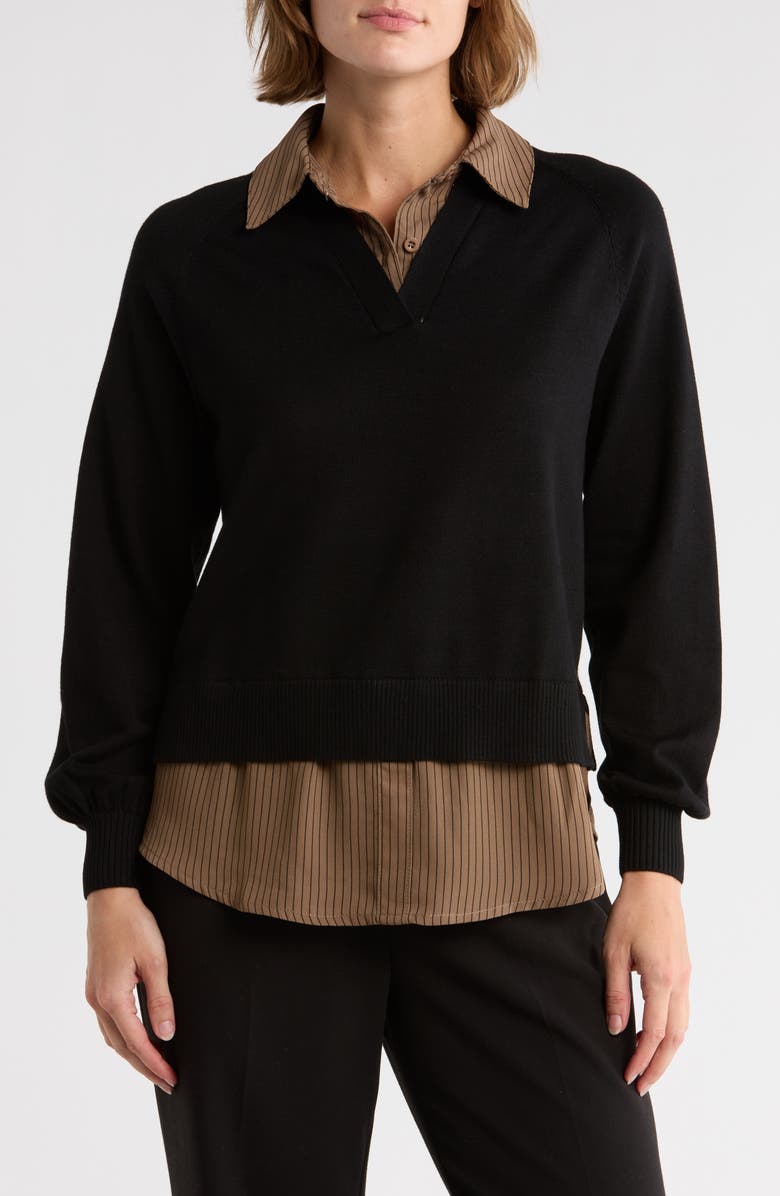 Adrianna Papell V-Neck Twofer Sweater, Main, color, Black W/ Mocha Petite Stripe