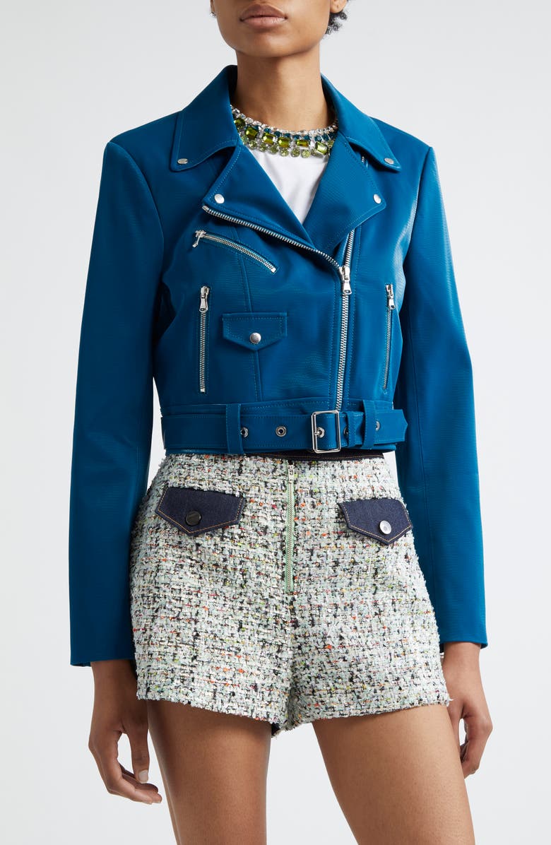 Cinq à Sept Zoe Embossed Faux Leather Moto Jacket, Main, color, Ink Blue
