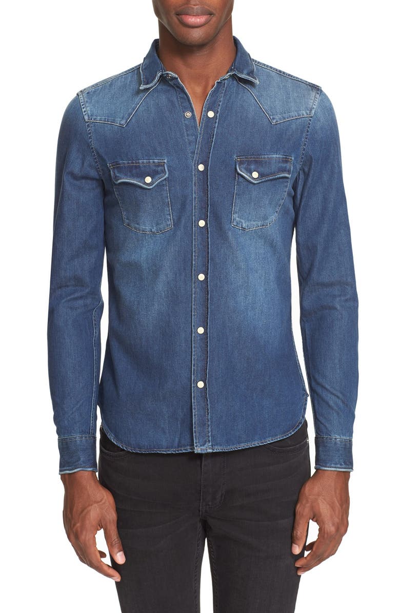 The Kooples Trim Fit Washed Denim Western Shirt, Main, color,