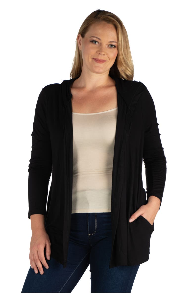 24seven Comfort Apparel Plus Size Open Front Lightweight Hooded Cardigan, Main, color, Black