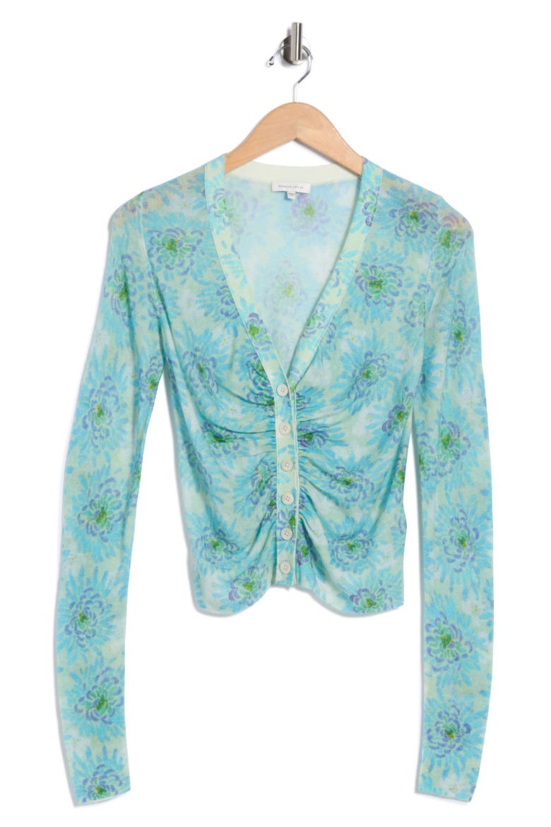 Astera Fleur Ruched Wool Blend Cardigan, Main, color, ASTERA FLEUR TURQUOISE CO